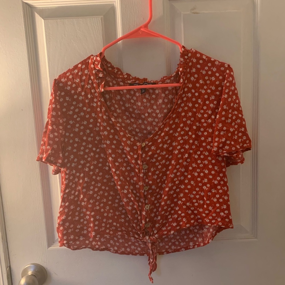 girls red and white flowers chiffon tie shirt